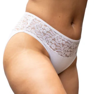 Product photo of modeal wearing white lace underwear